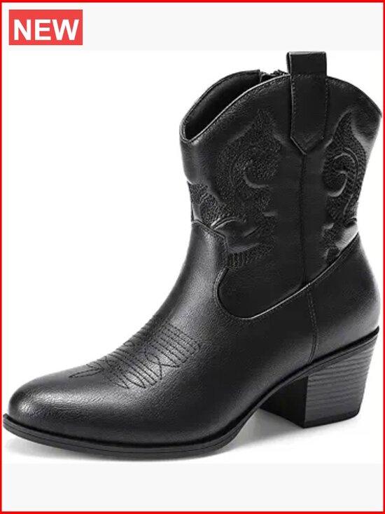 Shoes - Women's Western Cowboy Cowgirl Embroidered Ankle Boots Low Chunky Heel Round
